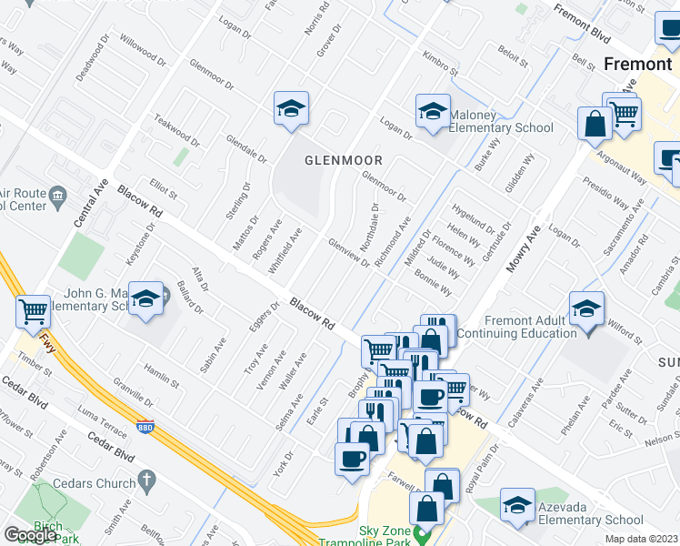 map of restaurants, bars, coffee shops, grocery stores, and more near 4855 Northdale Drive in Fremont