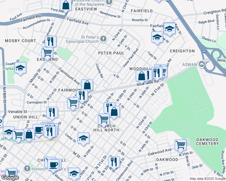 map of restaurants, bars, coffee shops, grocery stores, and more near 1420 North 27th Street in Richmond