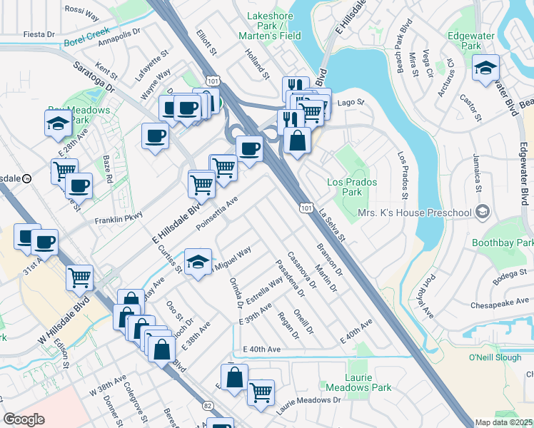 map of restaurants, bars, coffee shops, grocery stores, and more near 3513 Casanova Drive in San Mateo