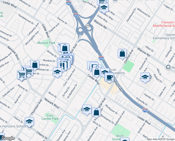 map of restaurants, bars, coffee shops, grocery stores, and more near 37300 Cedar Boulevard in Newark