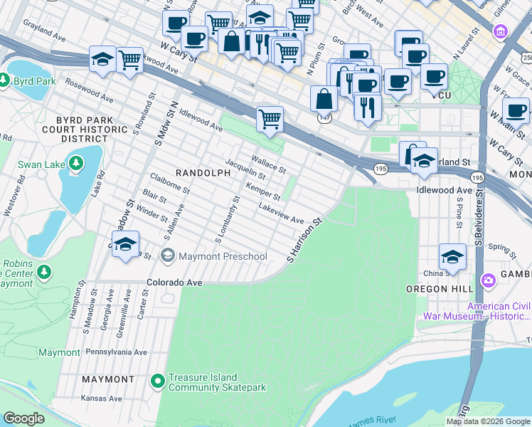 map of restaurants, bars, coffee shops, grocery stores, and more near 1401 Lakeview Avenue in Richmond
