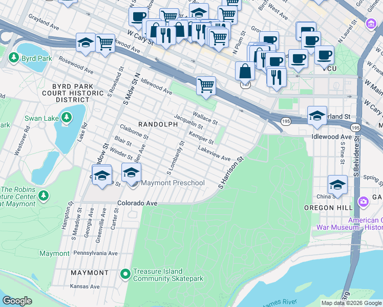 map of restaurants, bars, coffee shops, grocery stores, and more near 1500 Claiborne Street in Richmond