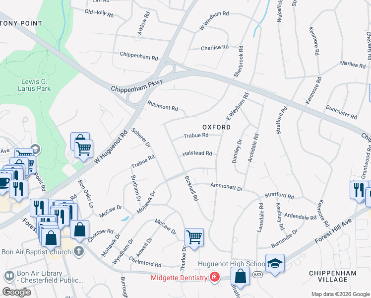 map of restaurants, bars, coffee shops, grocery stores, and more near 8248 Halstead Road in Richmond