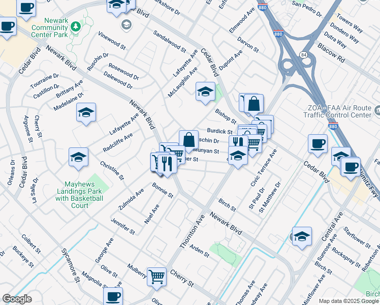 map of restaurants, bars, coffee shops, grocery stores, and more near 36644 Hafner Street in Newark