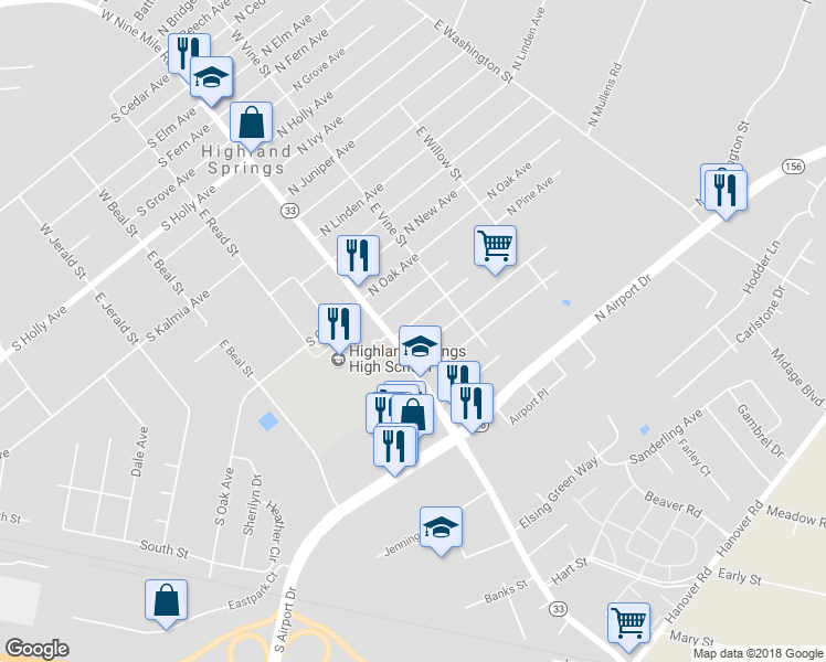 map of restaurants, bars, coffee shops, grocery stores, and more near 3 North Quince Avenue in Henrico