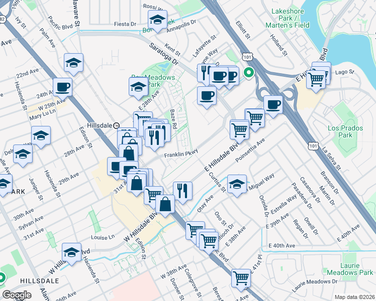 map of restaurants, bars, coffee shops, grocery stores, and more near 413 Franklin Parkway in San Mateo