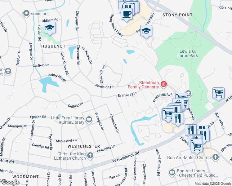 map of restaurants, bars, coffee shops, grocery stores, and more near 9600 Evansway Lane in Richmond
