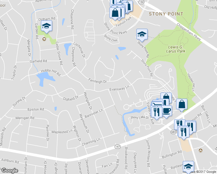 map of restaurants, bars, coffee shops, grocery stores, and more near 9600 Evansway Lane in Richmond