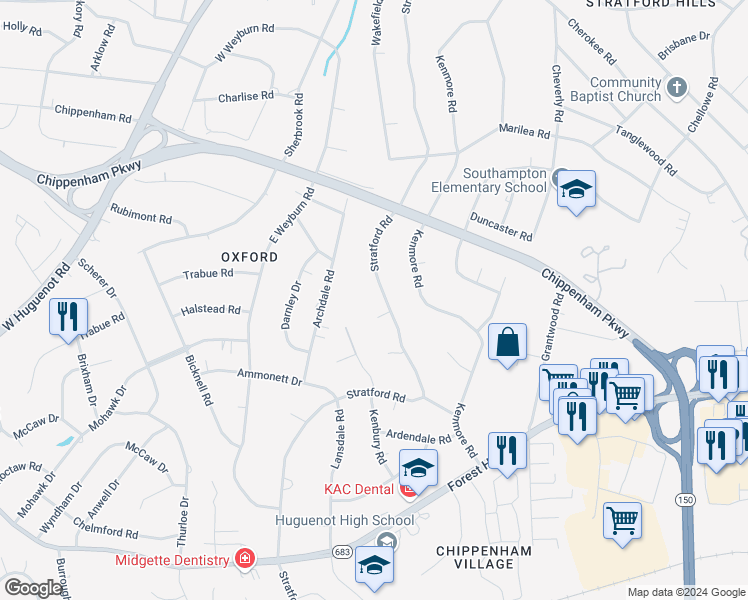 map of restaurants, bars, coffee shops, grocery stores, and more near 3030 Stratford Road in Richmond