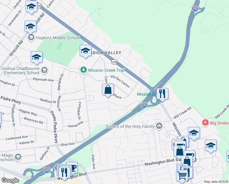 map of restaurants, bars, coffee shops, grocery stores, and more near 42194 Camino Santa Barbara in Fremont