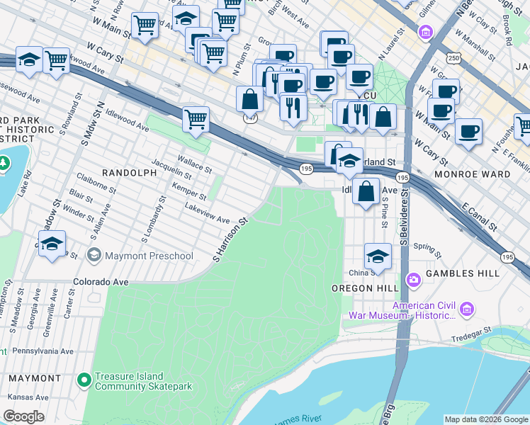 map of restaurants, bars, coffee shops, grocery stores, and more near 1105 Wallace Street in Richmond
