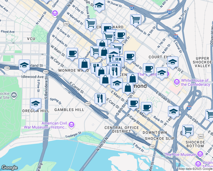 map of restaurants, bars, coffee shops, grocery stores, and more near 409 East Main Street in Richmond