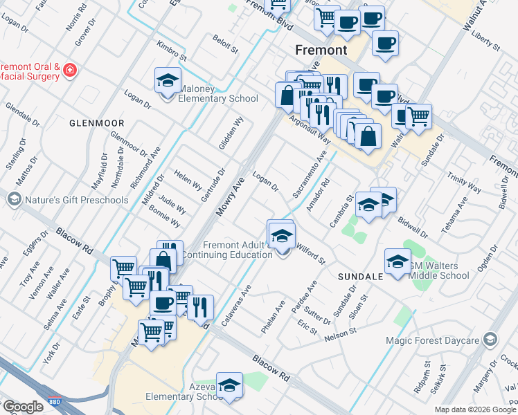 map of restaurants, bars, coffee shops, grocery stores, and more near 39087 Yosemite Way in Fremont
