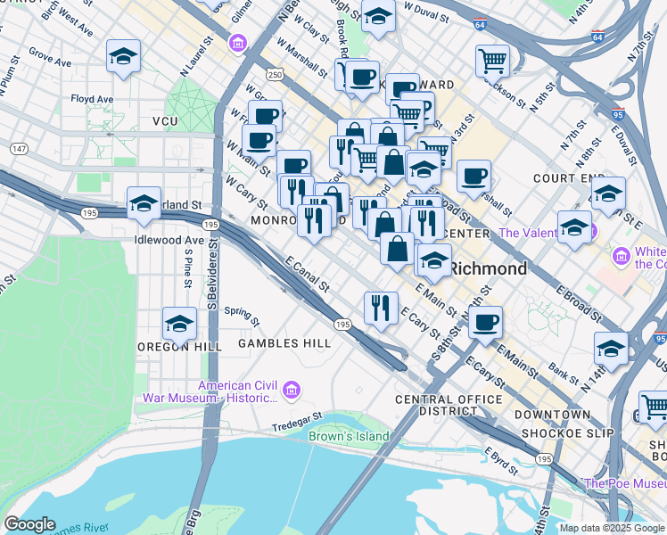 map of restaurants, bars, coffee shops, grocery stores, and more near 201 East Cary Street in Richmond