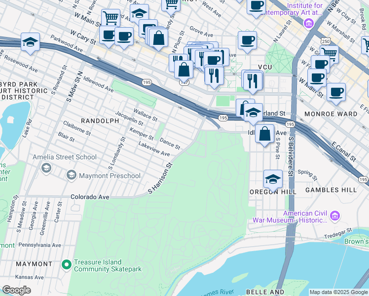 map of restaurants, bars, coffee shops, grocery stores, and more near 500 South Harrison Street in Richmond