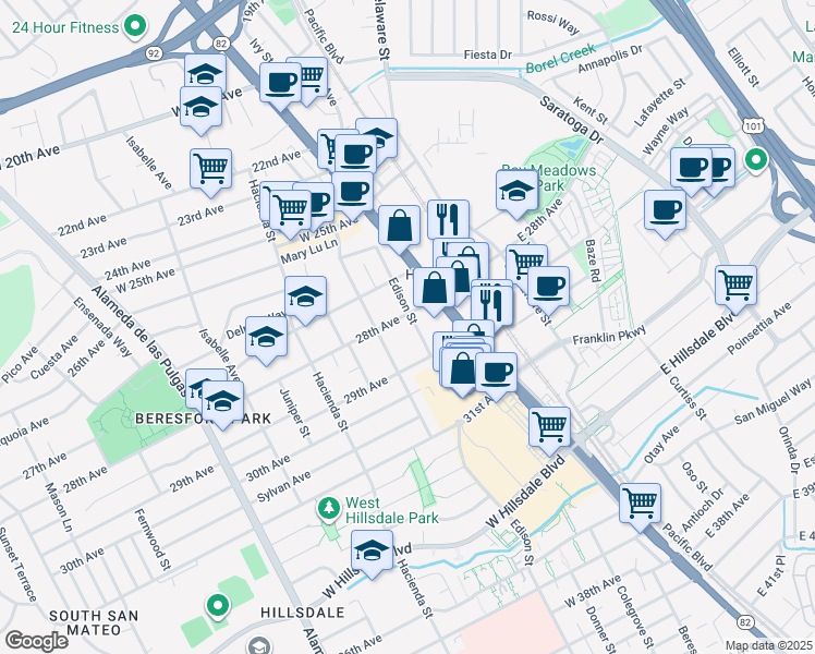 map of restaurants, bars, coffee shops, grocery stores, and more near 35 East 28th Avenue in San Mateo