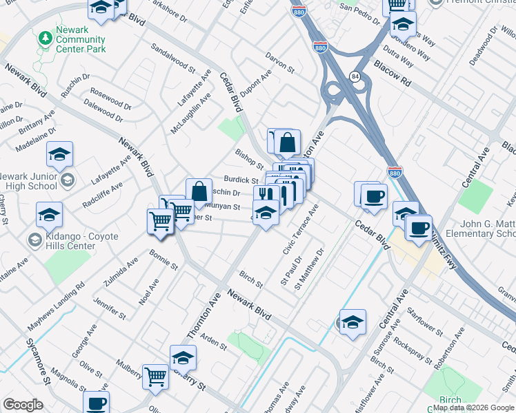 map of restaurants, bars, coffee shops, grocery stores, and more near 5726 Souza Avenue in Newark