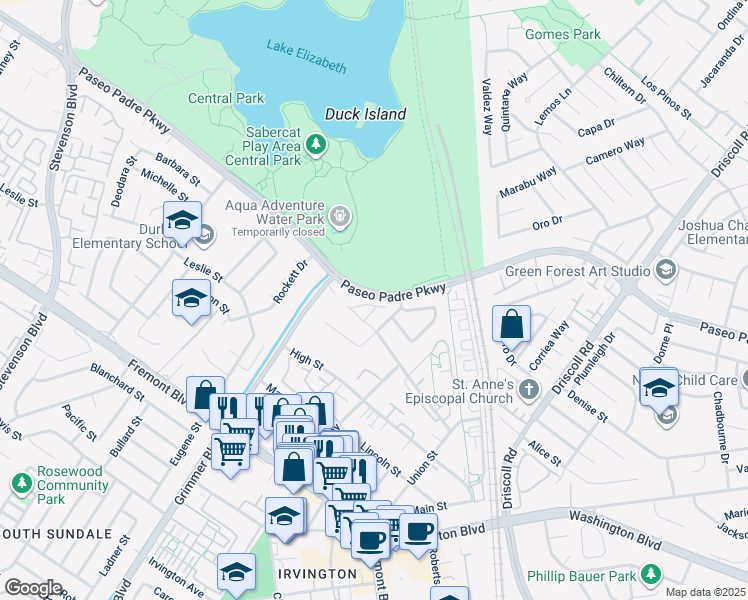 map of restaurants, bars, coffee shops, grocery stores, and more near 2920 Benjamin Green in Fremont
