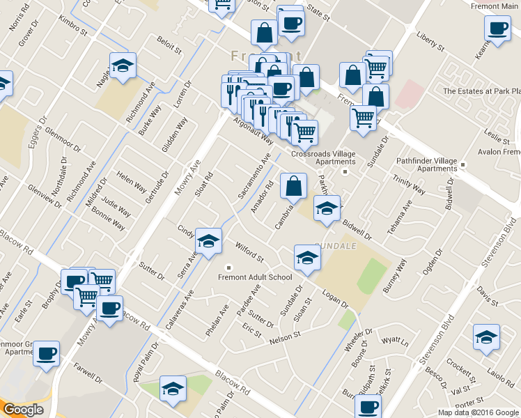 map of restaurants, bars, coffee shops, grocery stores, and more near 4436 Amador Road in Fremont