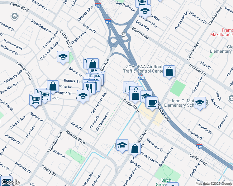 map of restaurants, bars, coffee shops, grocery stores, and more near 37221 Cedar Boulevard in Newark