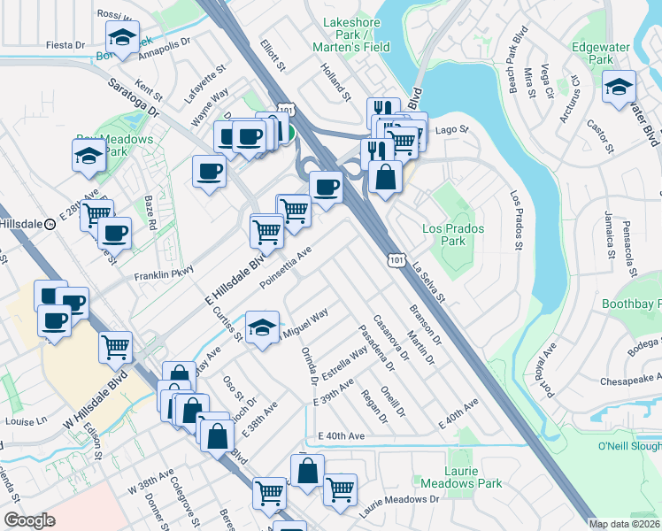 map of restaurants, bars, coffee shops, grocery stores, and more near 3512 Casanova Drive in San Mateo