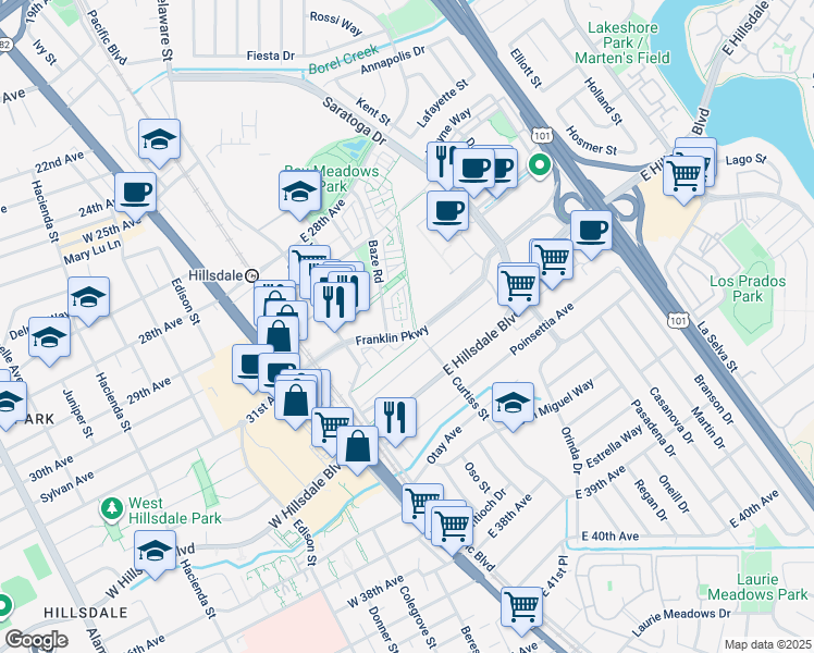 map of restaurants, bars, coffee shops, grocery stores, and more near 101 Mclellan Avenue in San Mateo
