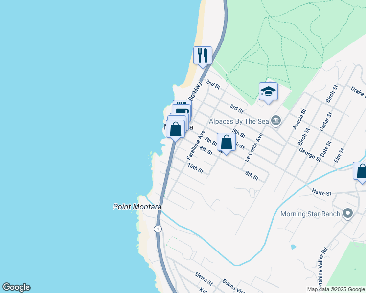 map of restaurants, bars, coffee shops, grocery stores, and more near 246 9th Street in Montara