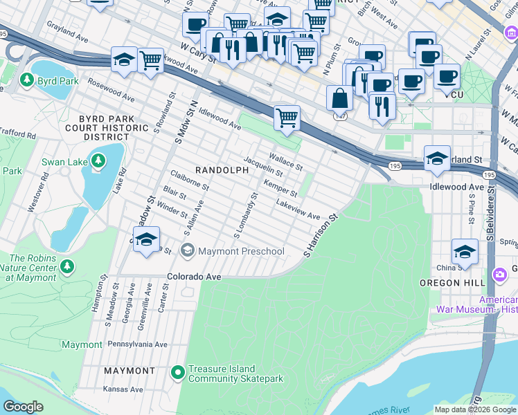 map of restaurants, bars, coffee shops, grocery stores, and more near 1500 Claiborne Street in Richmond