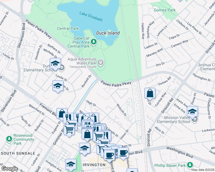 map of restaurants, bars, coffee shops, grocery stores, and more near 2907 Wilson Common in Fremont