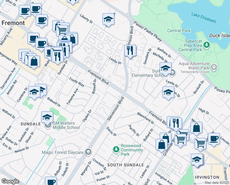 map of restaurants, bars, coffee shops, grocery stores, and more near 39993 Fremont Boulevard in Fremont