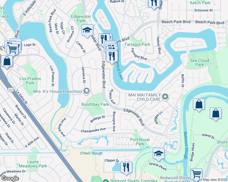 map of restaurants, bars, coffee shops, grocery stores, and more near 1003 Avalon Avenue in Foster City