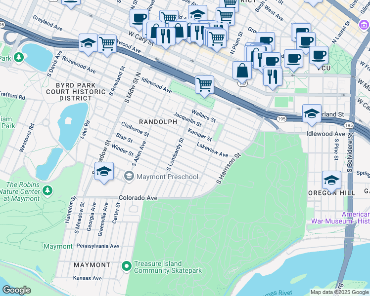 map of restaurants, bars, coffee shops, grocery stores, and more near 1500 Claiborne Street in Richmond