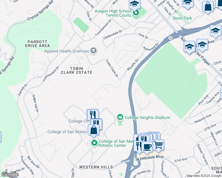 map of restaurants, bars, coffee shops, grocery stores, and more near 185 Tobin Clark Drive in Hillsborough