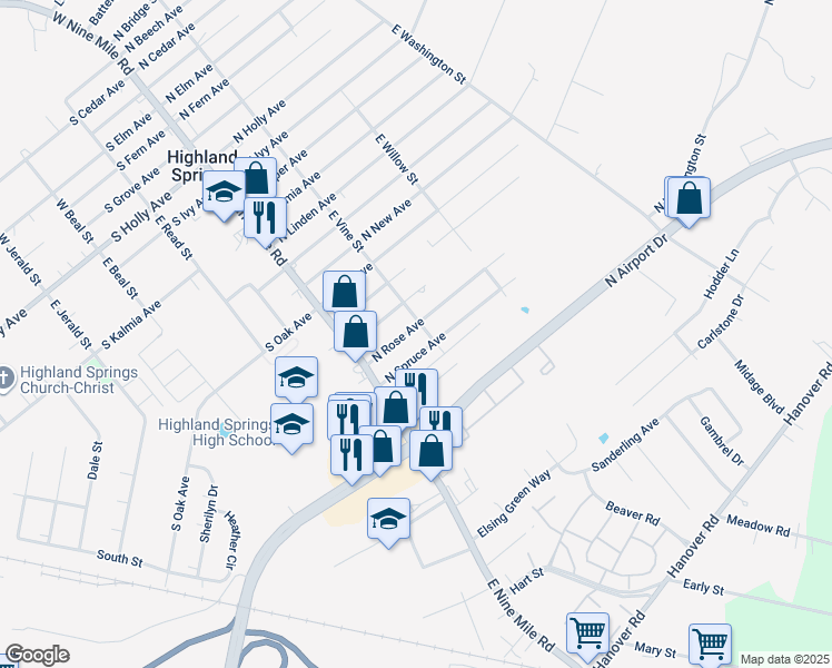 map of restaurants, bars, coffee shops, grocery stores, and more near 21 North Rose Avenue in Highland Springs