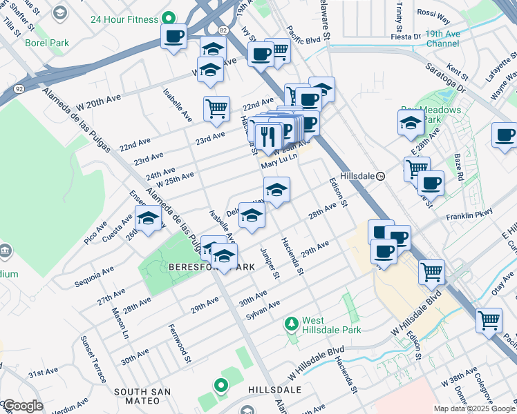 map of restaurants, bars, coffee shops, grocery stores, and more near 247 Delmar Way in San Mateo