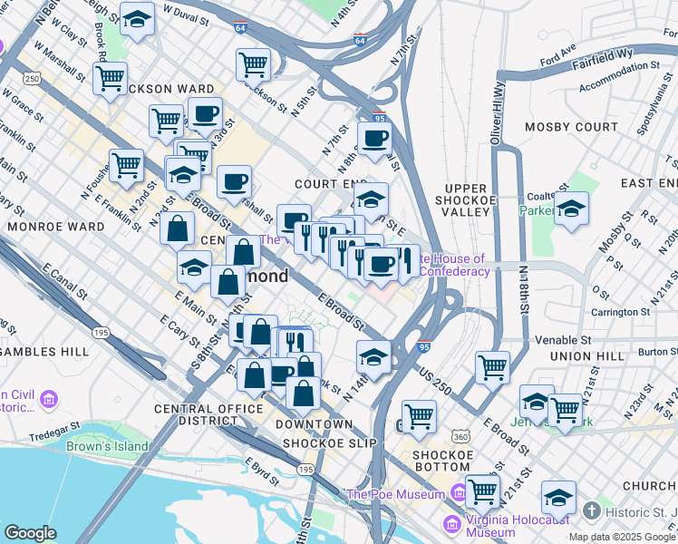 map of restaurants, bars, coffee shops, grocery stores, and more near 1010 East Marshall Street in Richmond