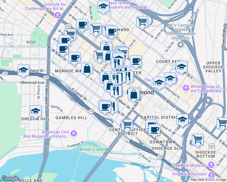 map of restaurants, bars, coffee shops, grocery stores, and more near 6 North 5th Street in Richmond