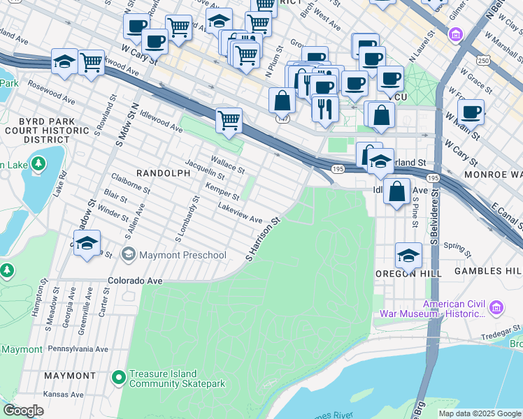 map of restaurants, bars, coffee shops, grocery stores, and more near 1202 Lakeview Avenue in Richmond