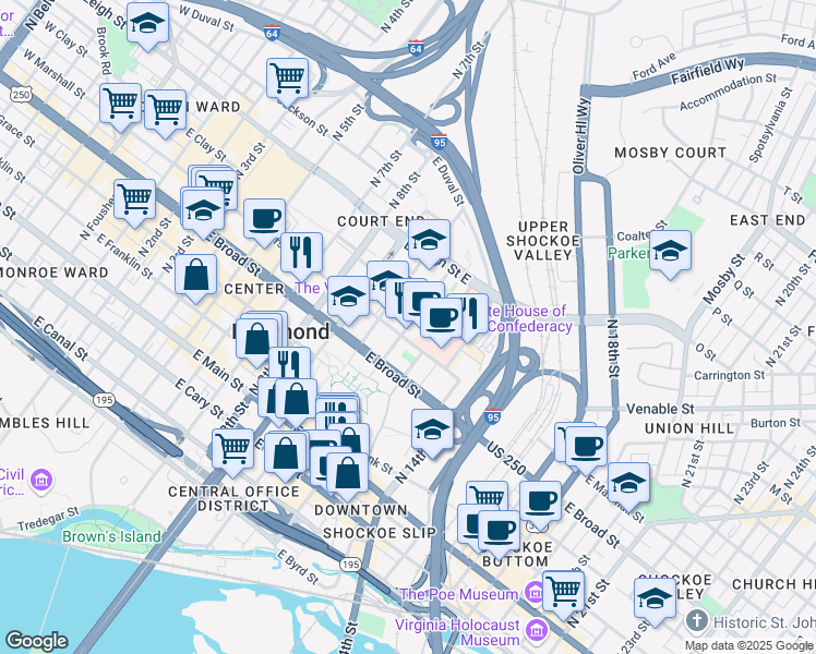 map of restaurants, bars, coffee shops, grocery stores, and more near 401 North 11th Street in Richmond