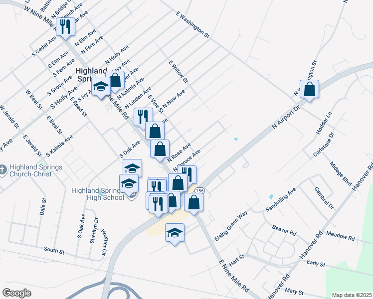 map of restaurants, bars, coffee shops, grocery stores, and more near 21 North Rose Avenue in Highland Springs