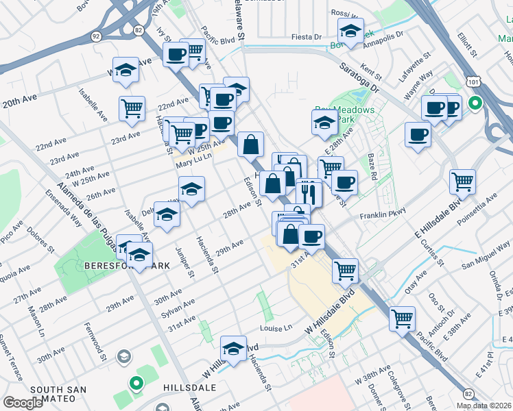 map of restaurants, bars, coffee shops, grocery stores, and more near 60 29th Avenue in San Mateo