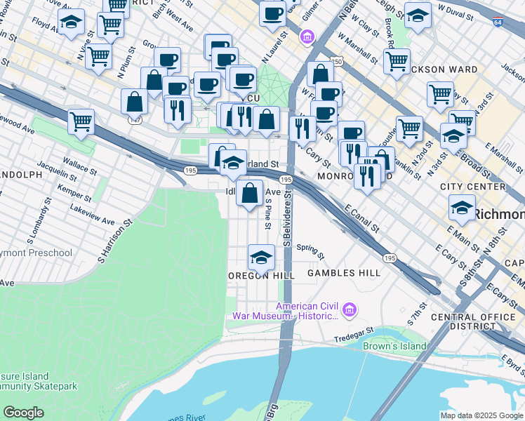 map of restaurants, bars, coffee shops, grocery stores, and more near 708 Albemarle Street in Richmond