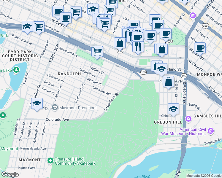 map of restaurants, bars, coffee shops, grocery stores, and more near 1202 Lakeview Avenue in Richmond