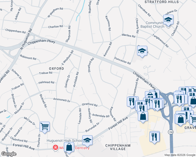 map of restaurants, bars, coffee shops, grocery stores, and more near 3015 Stratford Road in Richmond