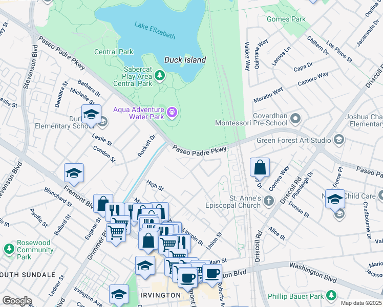 map of restaurants, bars, coffee shops, grocery stores, and more near Paseo Padre Parkway in Fremont