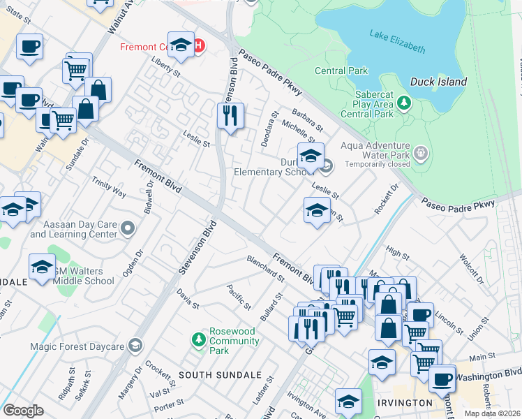 map of restaurants, bars, coffee shops, grocery stores, and more near 40133 Urban Street in Fremont