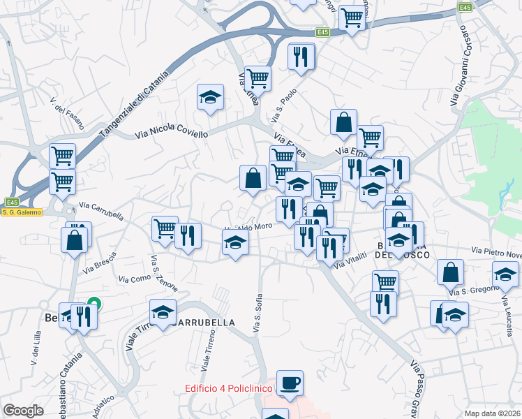 map of restaurants, bars, coffee shops, grocery stores, and more near 11 Via Vitaliano Brancati in Gravina di Catania