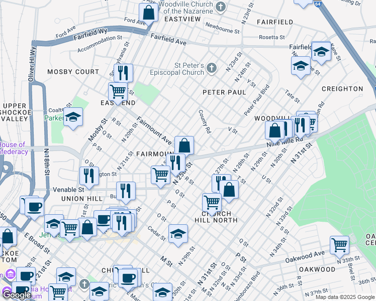 map of restaurants, bars, coffee shops, grocery stores, and more near 1330 North 25th Street in Richmond