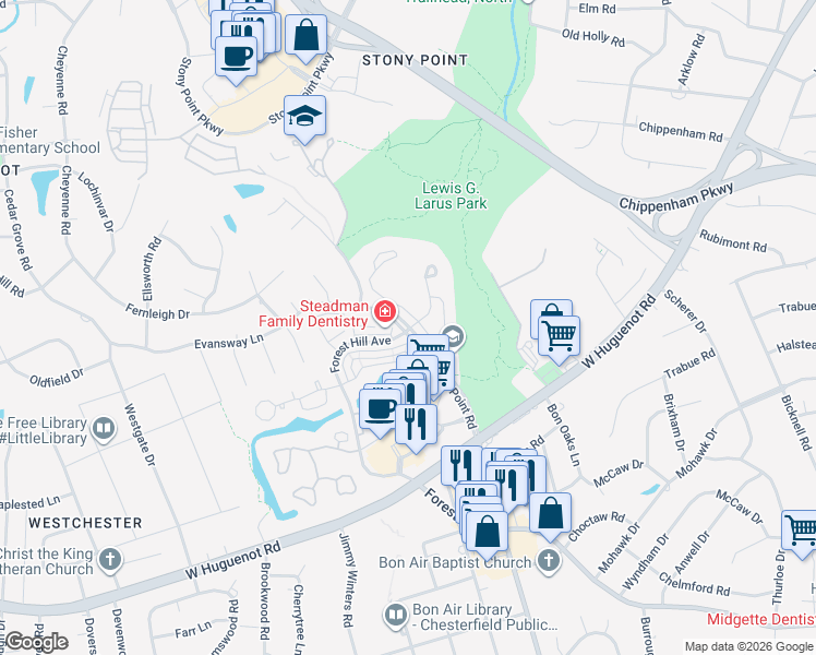map of restaurants, bars, coffee shops, grocery stores, and more near Stony Point Road in Richmond