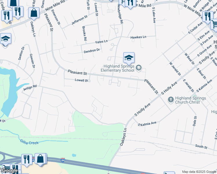 map of restaurants, bars, coffee shops, grocery stores, and more near 839 Pleasant Street in Highland Springs